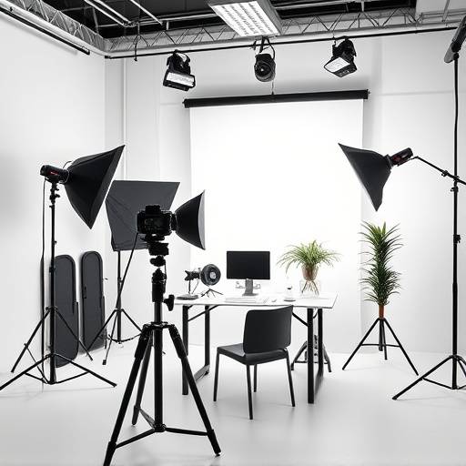 Espace de travail lumineux dans le studio de photographie 'Image & Révélation' avec un appareil photo professionnel.