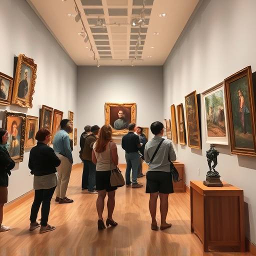 Image d'une exposition d'art avec des œuvres variées et des visiteurs admirant les créations.