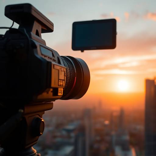 Photo d'un appareil photo professionnel pointant vers un paysage urbain au coucher du soleil.