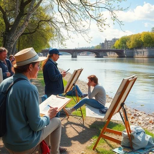 Photo d'un groupe d'artistes participant à un atelier de croquis en plein air sur les quais de la Saône.