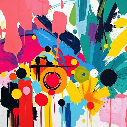 Photo d'une session de peinture abstraite, montrant des couleurs vives et des mouvements dynamiques sur les toiles.