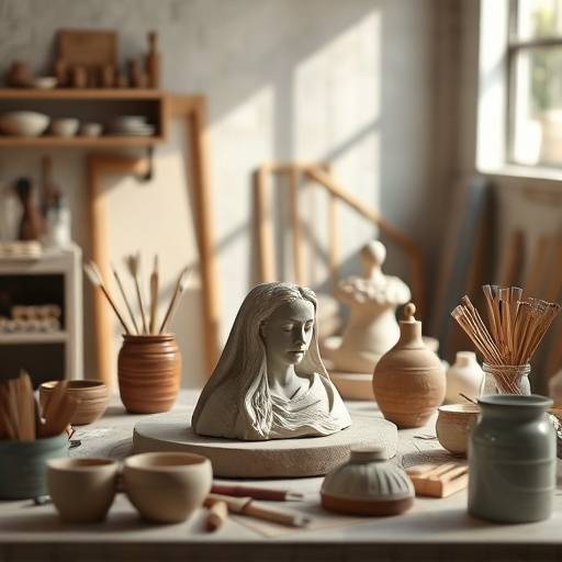 Vue d'ensemble du studio de sculpture 'Argile et Forme', avec des sculptures en argile et des outils.